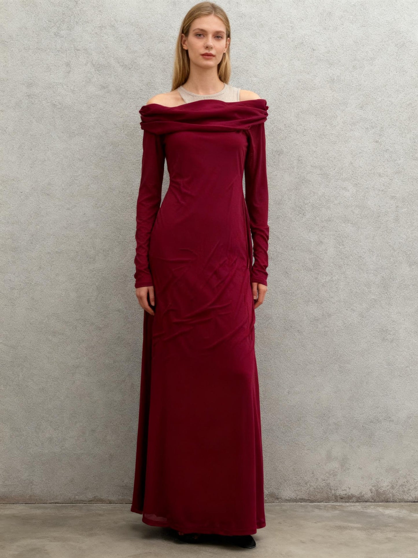Burgundy Long-Sleeve Long Dress Size L