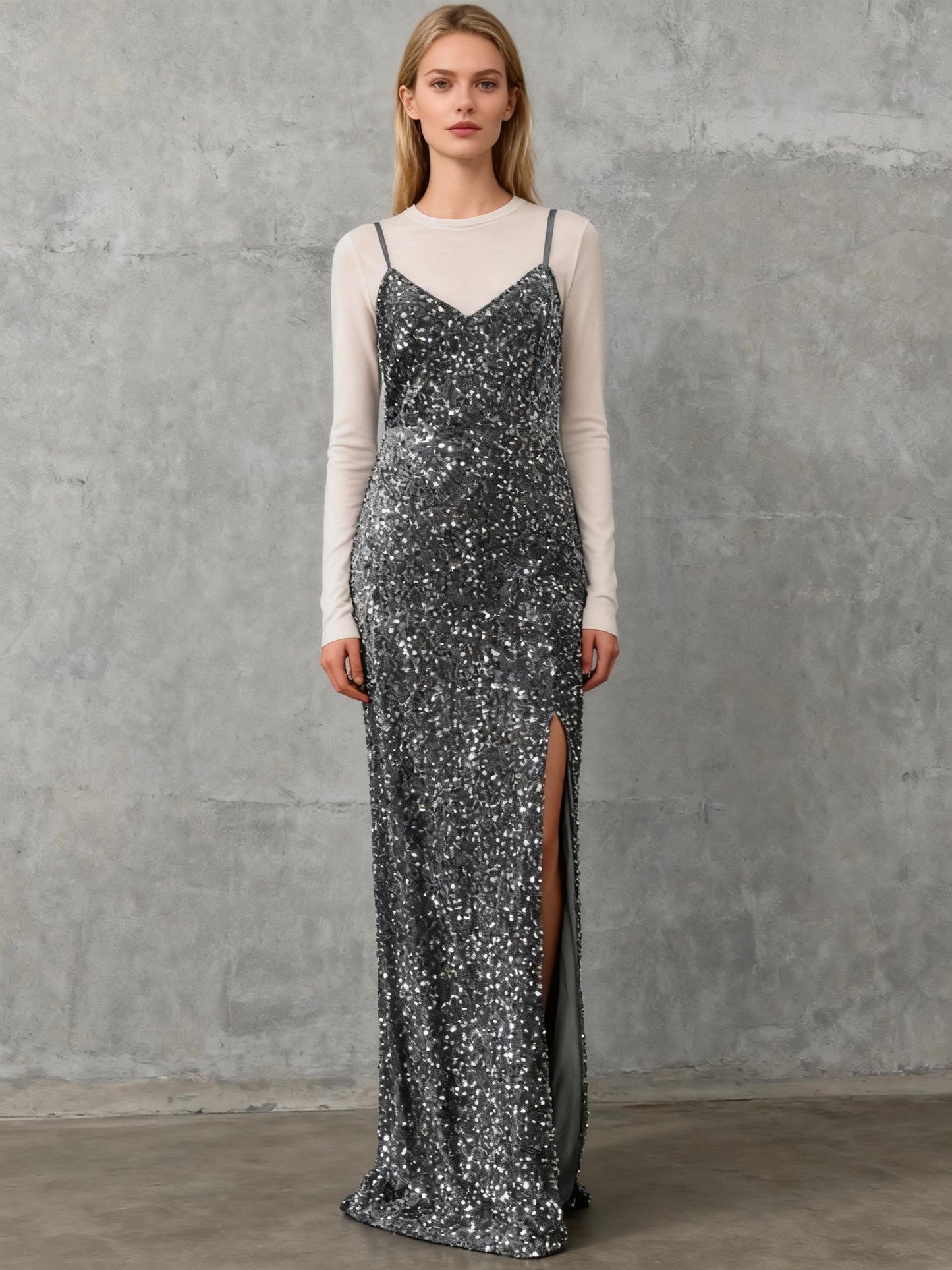 Gray Long Dress with Silver Sequins - Size M
