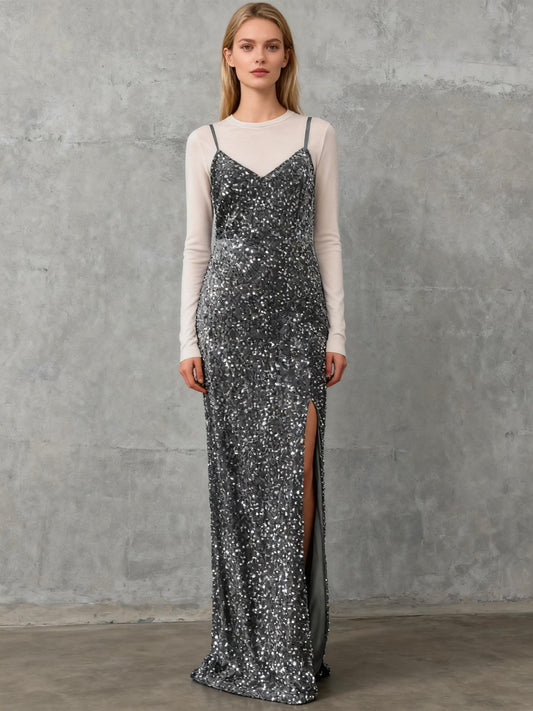 Gray Long Dress with Silver Sequins - Size M