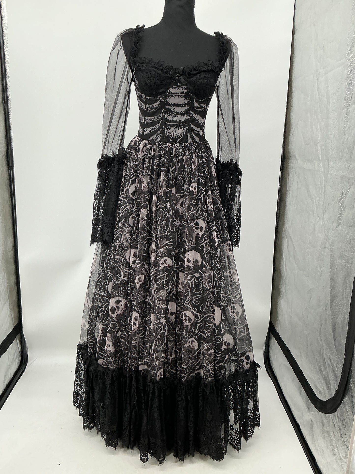 Black Gothic Long Dress with Skull Pattern - Size S