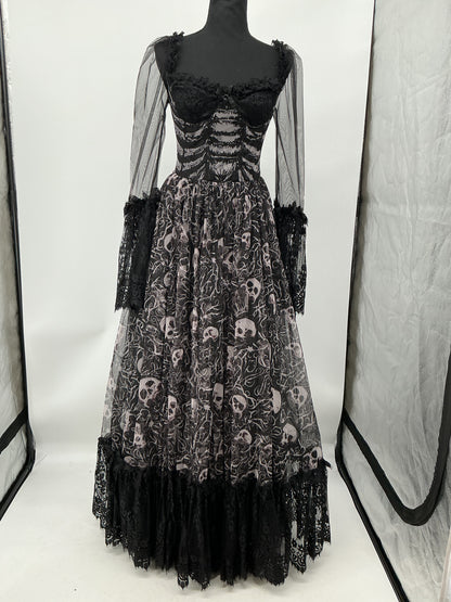 Black Gothic Long Dress with Skull Pattern - Size S
