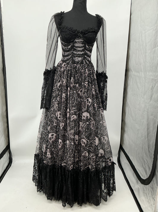 Black Gothic Long Dress with Skull Pattern - Size S