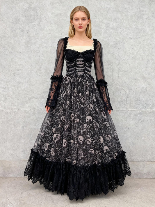 Black Gothic Long Dress with Skull Pattern - Size S
