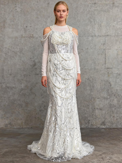White Long Dress Silver Pearl