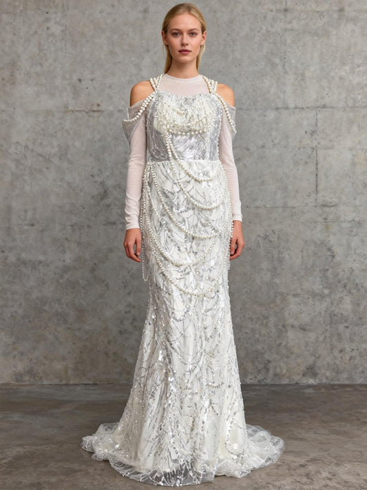 White Long Dress Silver Pearl