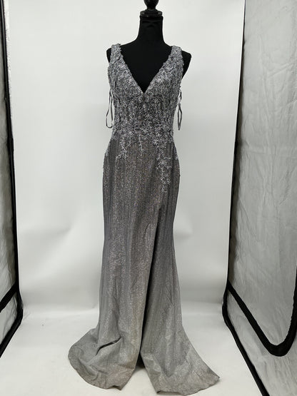 Gray Long Dress with Silver Floral Patterns Size M