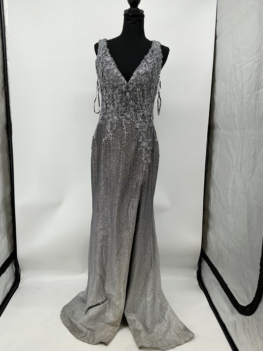 Gray Long Dress with Silver Floral Patterns Size M