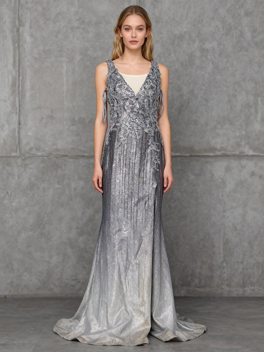 Gray Long Dress with Silver Floral Patterns Size M