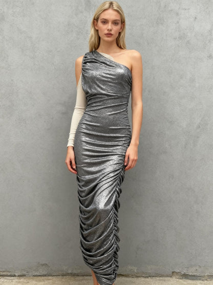 Gray Strapless Dress With Draped Design Size S