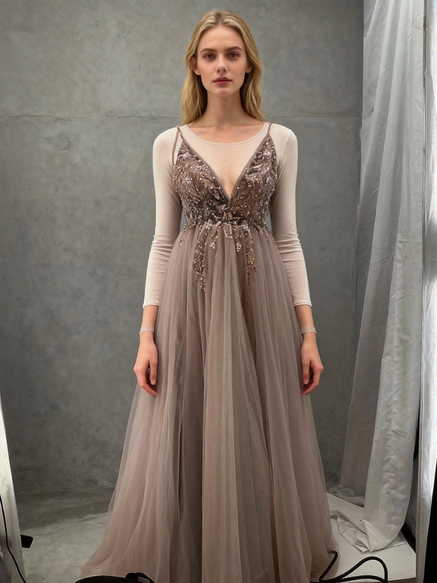Beige Sequin Long Dress Size 2
