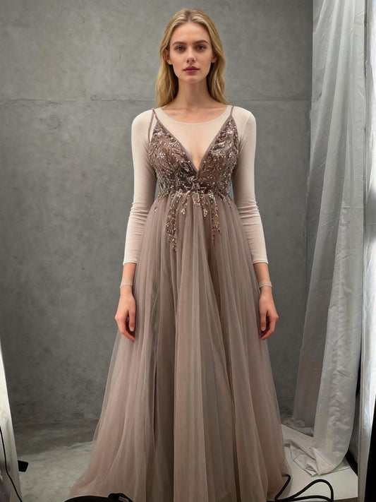 Beige Sequin Long Dress Size 2