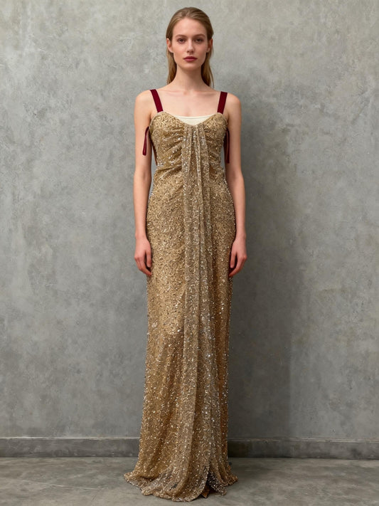 Gold Sequin Strapless Long Dress Size XS