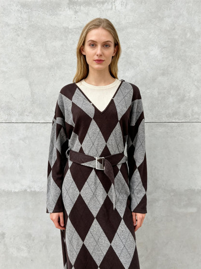 Gray and Black Argyle Knit Dress Size M