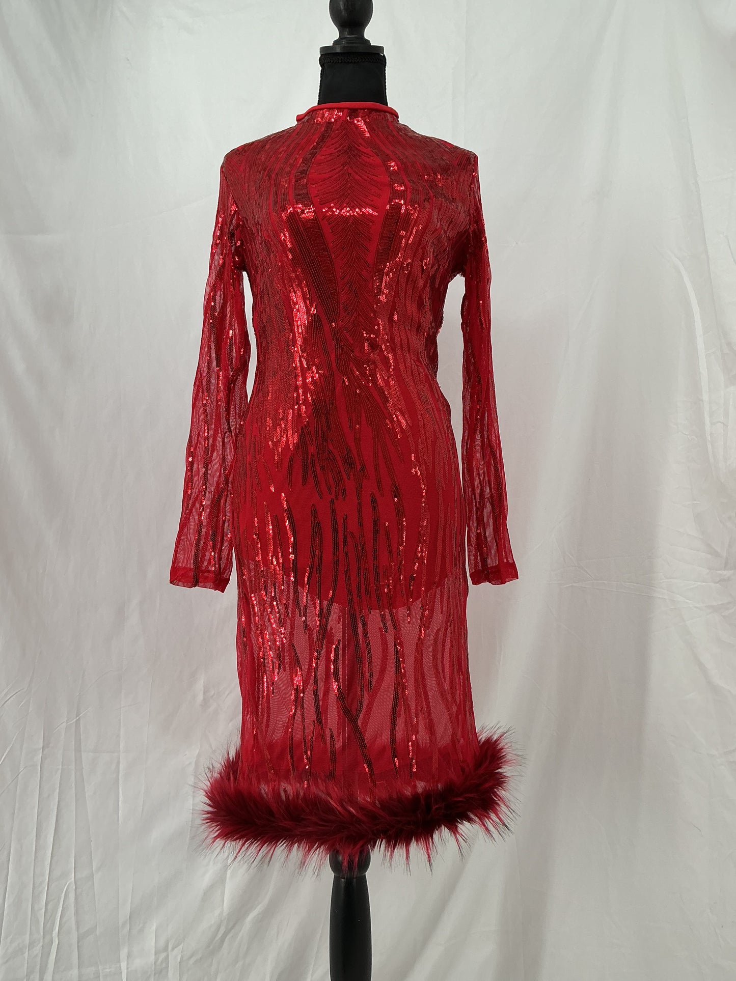 Red textured Dress With Feather Hem Size L