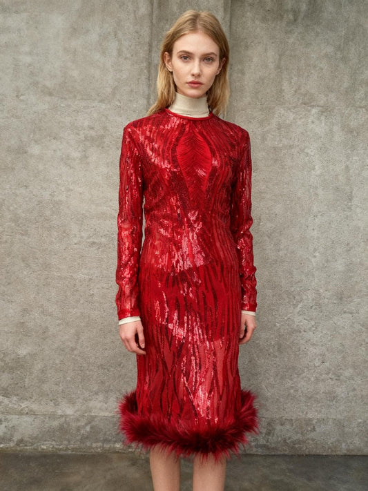 Red textured Dress With Feather Hem Size L