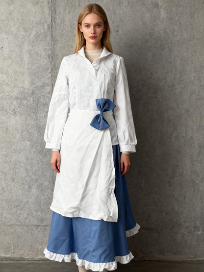 Maid Dress White Top with Blue Skirt Dress S
