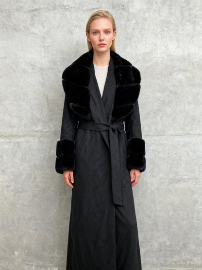 SHEIN Long Grey Coat With Fur Collar And Cuffs Size S