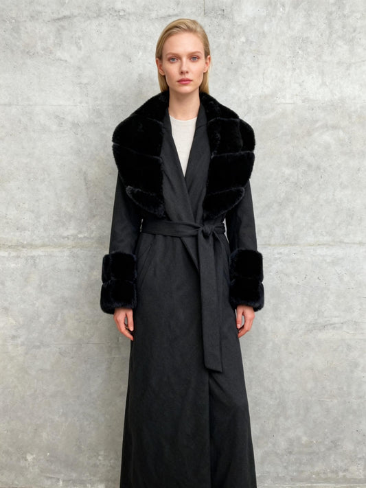 SHEIN Long Grey Coat With Fur Collar And Cuffs Size S