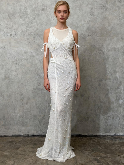 Silver Beaded Long Dress Size S