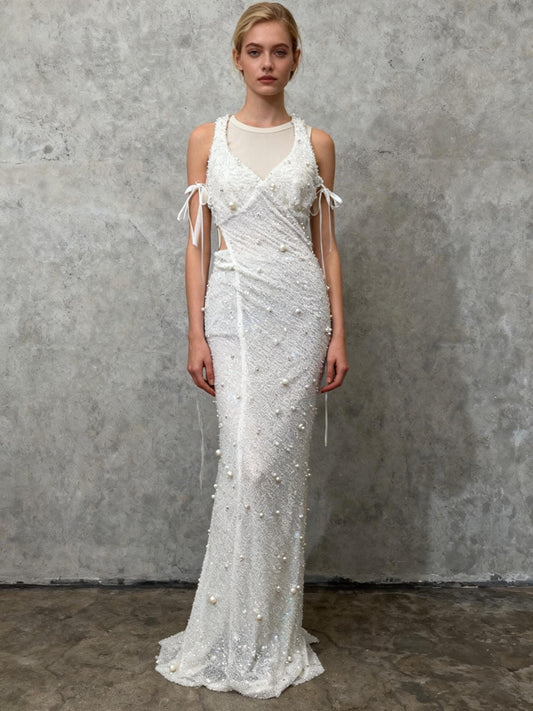 Silver Beaded Long Dress Size S