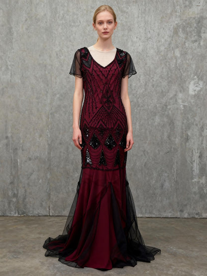Red Long Dress With Black Lace Details Size S