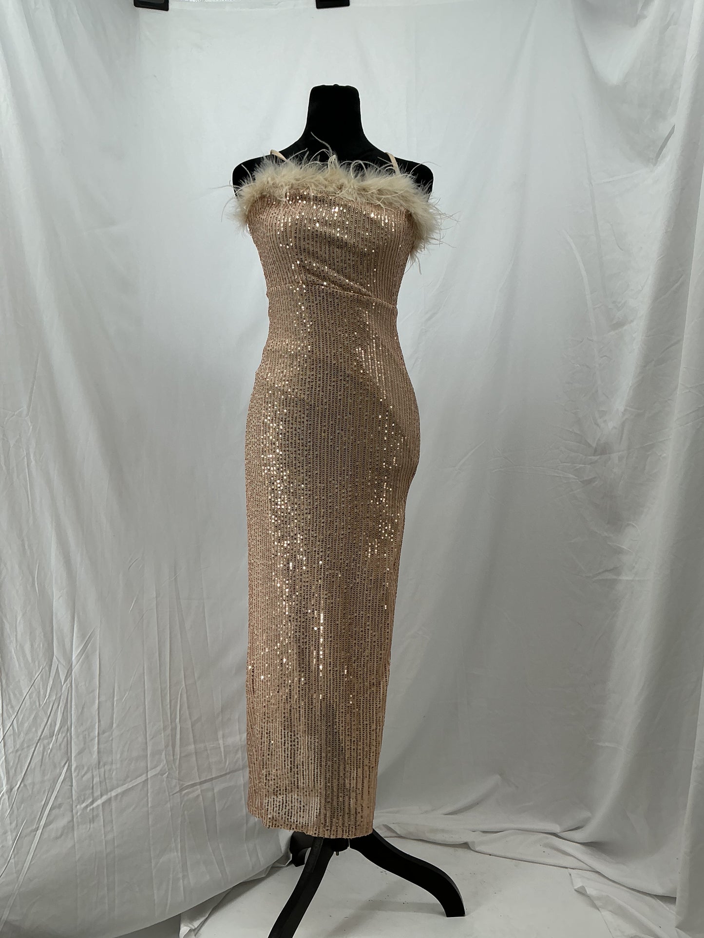 SHEIN Gold Sequin Dress With Fur Trim Size XS