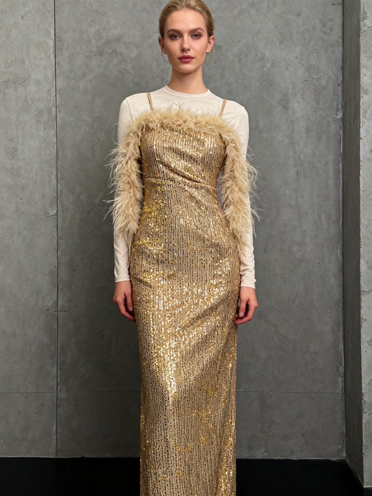 SHEIN Gold Sequin Dress With Fur Trim Size XS