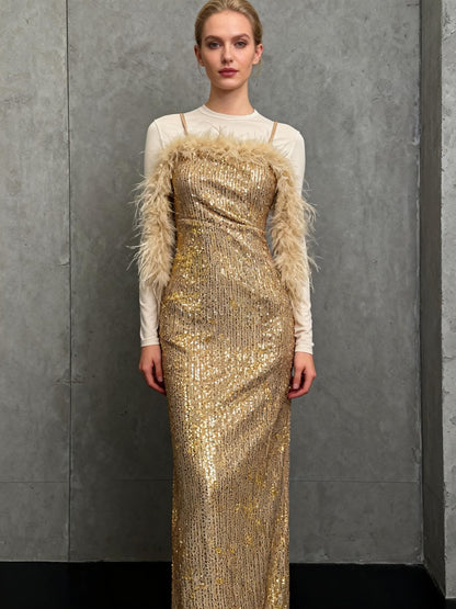 SHEIN Gold Sequin Dress With Fur Trim Size XS