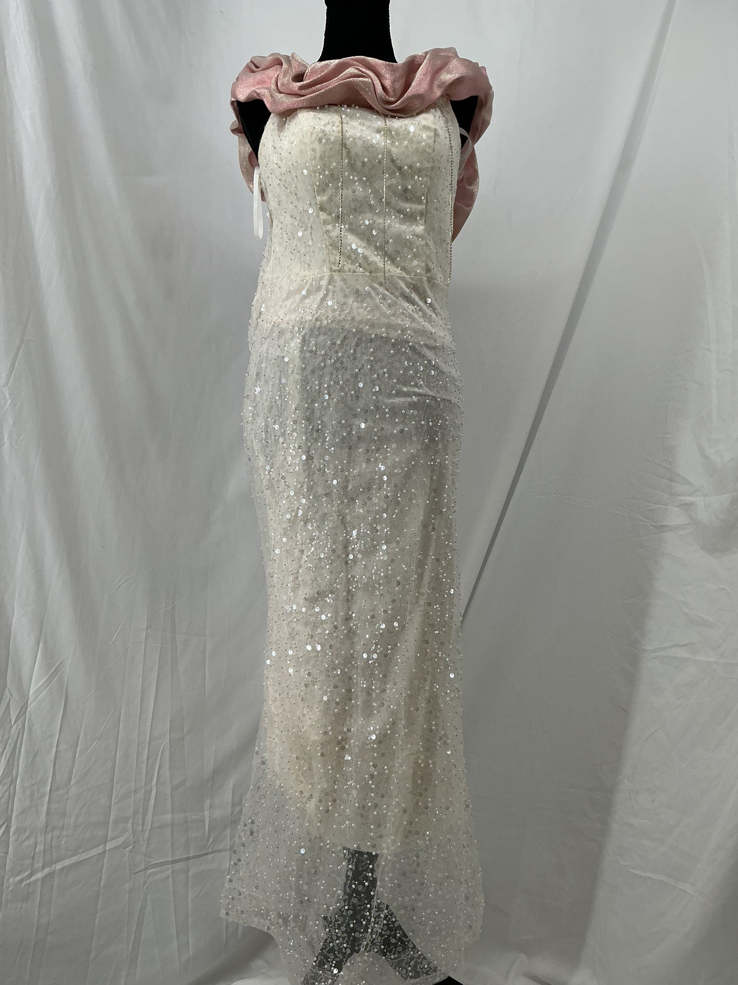 White Sequin Dress With Pink Scarf Size L