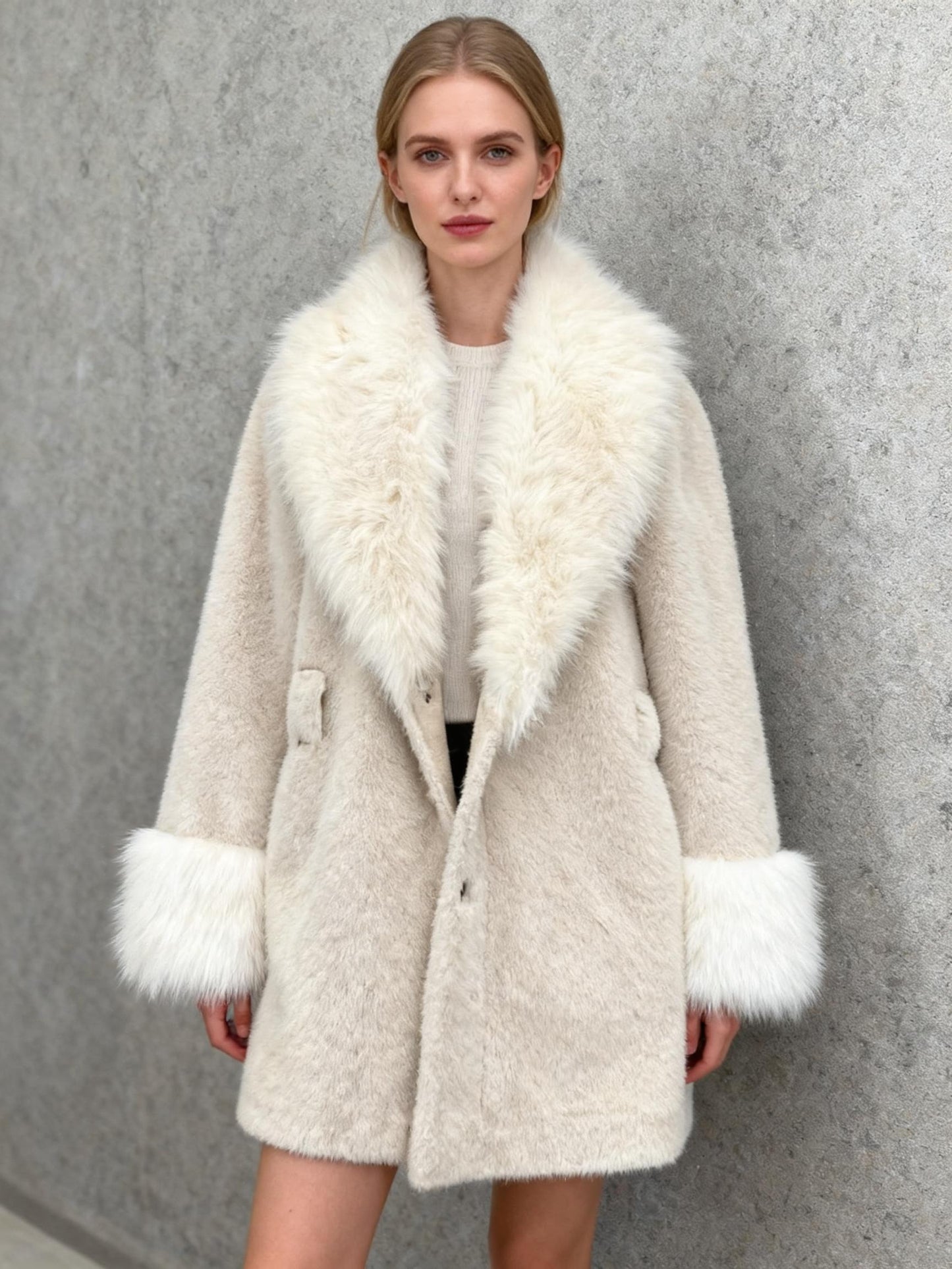 ANEWSTA Beige Coat With Fur Collar Size S