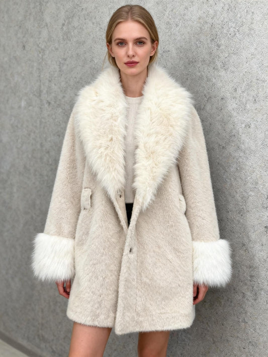 ANEWSTA Beige Coat With Fur Collar Size S