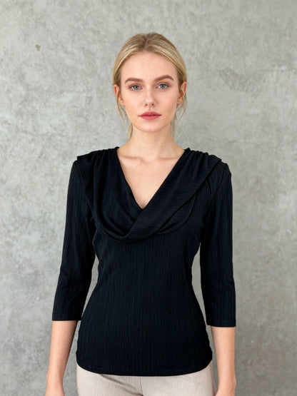 Black Ribbed Texture Cowl Neck Pullover Size M