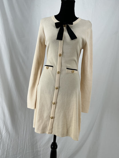 Ivory Button-Front Knit Dress with Contrast Bow Detail Size 4