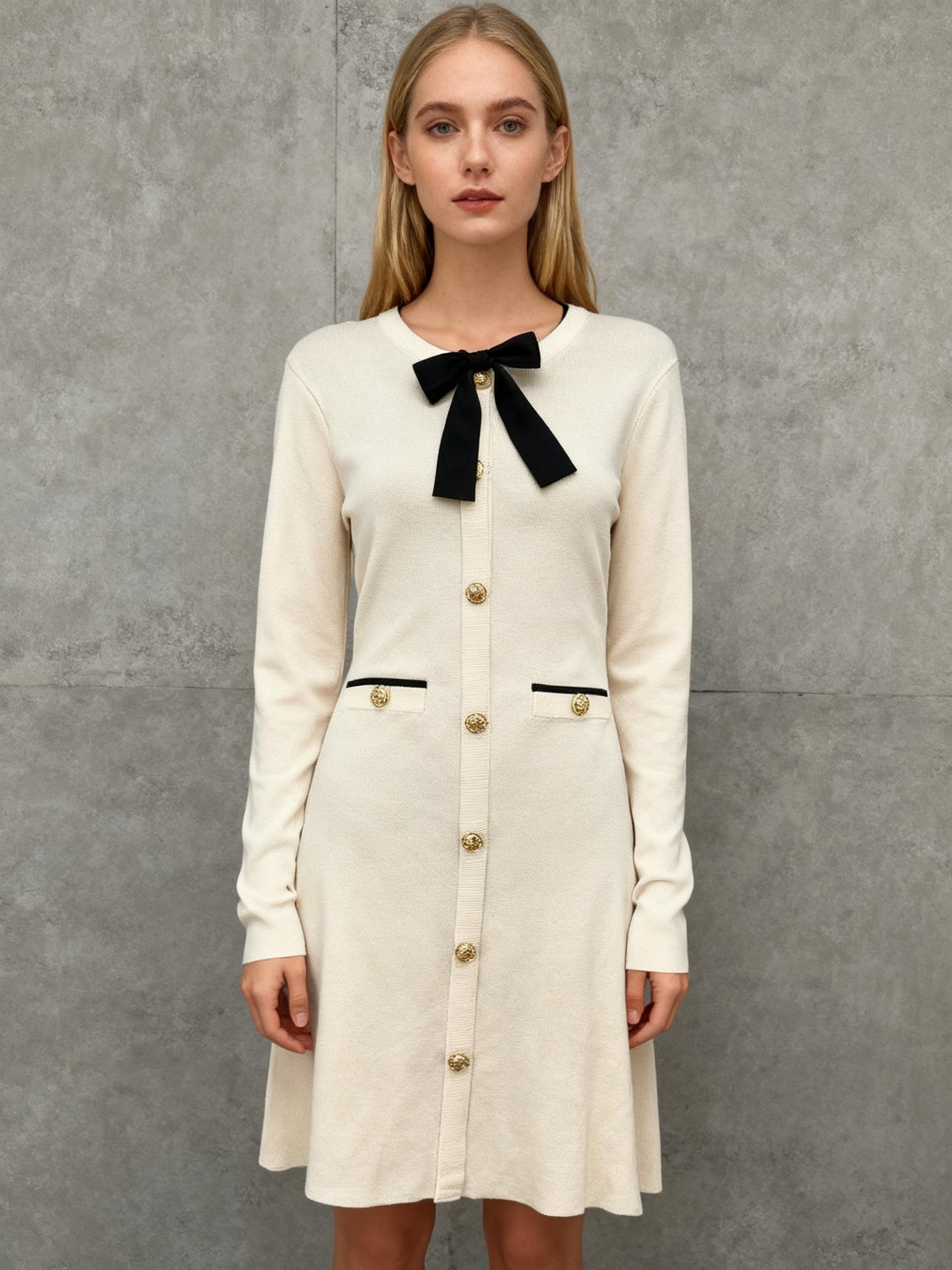 Ivory Button-Front Knit Dress with Contrast Bow Detail Size 4