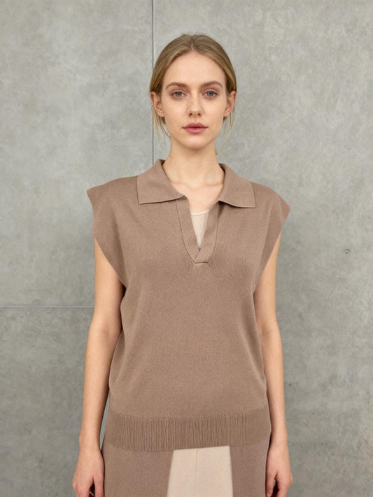 Taupe Rib Knit Cap Sleeve Polo Top Size S