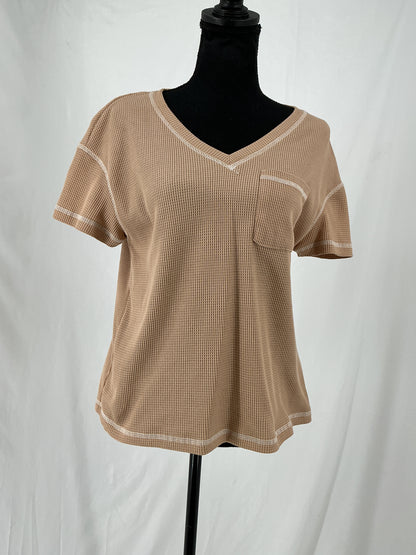 SHEIN Taupe Waffle Knit T-Shirt with Contrast Stitch Detail Size S