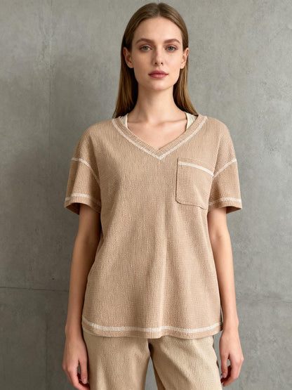 SHEIN Taupe Waffle Knit T-Shirt with Contrast Stitch Detail Size S