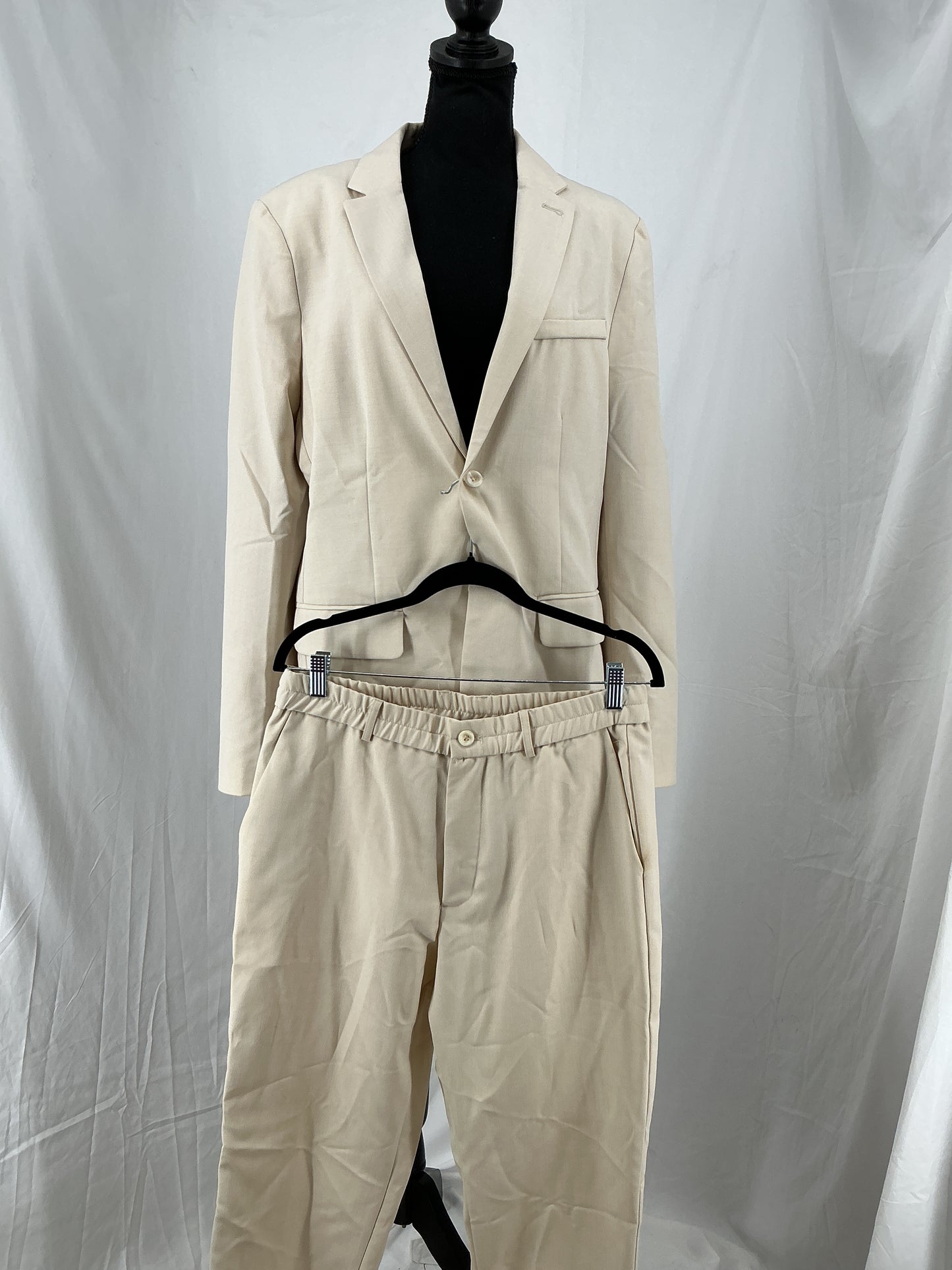 SHEIN Minimalist Beige Suit Set with Relaxed Fit Blazer and Elastic Waist Pants Size L