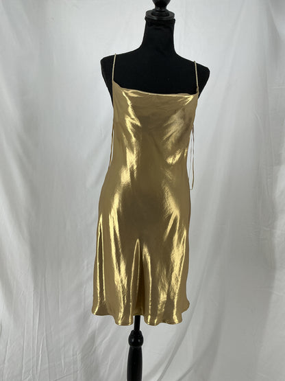 ZARA Luminous Gold Silky Cowl Neck Cocktail Dress Size XS