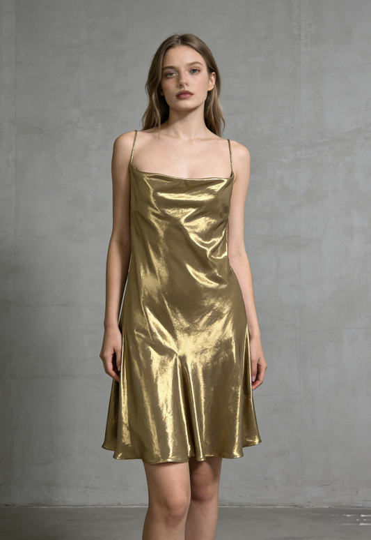 ZARA Luminous Gold Silky Cowl Neck Cocktail Dress Size XS