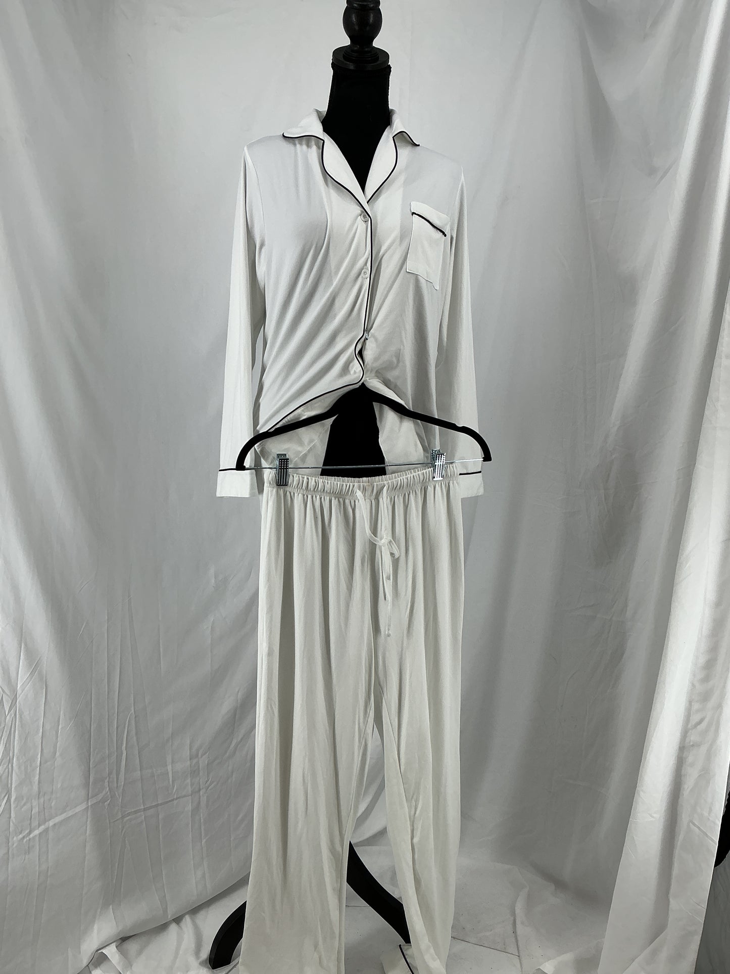 EKOUAER White Classic Two-Piece Pajama Set with Black Piping Size S