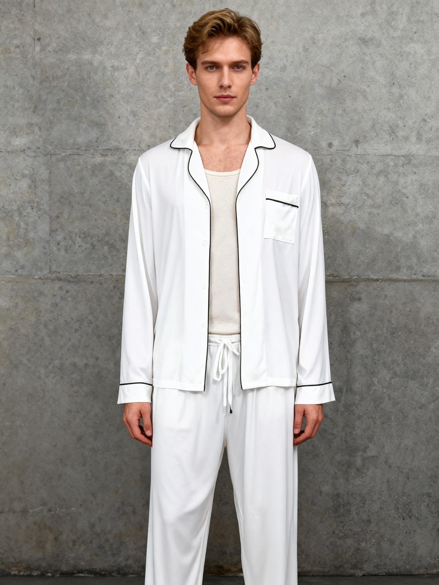 EKOUAER White Classic Two-Piece Pajama Set with Black Piping Size S