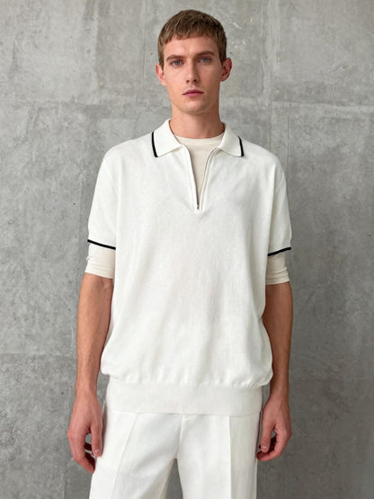 COOFANDY White Quarter Zip Sweater Polo with Contrast Black Trim Size M