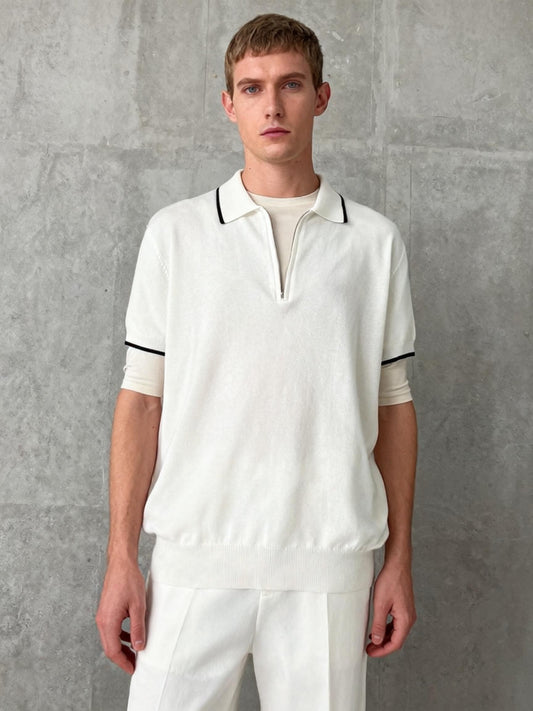 COOFANDY White Quarter Zip Sweater Polo with Contrast Black Trim Size M