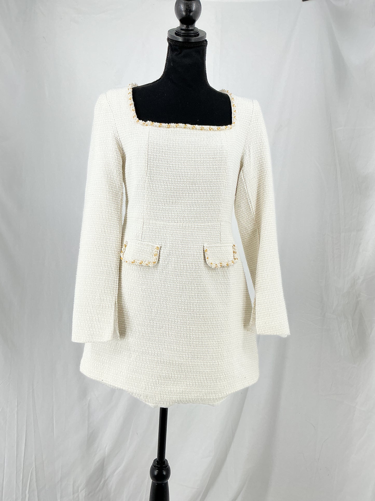 Ivory Boucle Shift Dress with Embellished Square Neck Size S