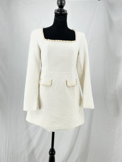 Ivory Boucle Shift Dress with Embellished Square Neck Size S