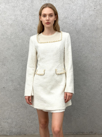 Ivory Boucle Shift Dress with Embellished Square Neck Size S