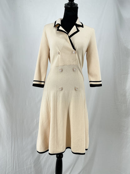 Retro Cream Double Breasted Sweater Dress with Black Contrast Lapel Size M