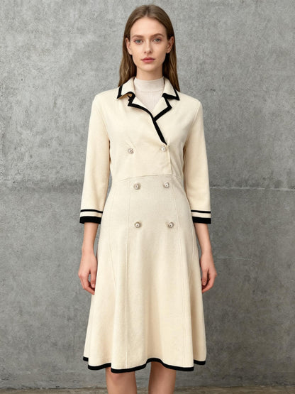 Retro Cream Double Breasted Sweater Dress with Black Contrast Lapel Size M