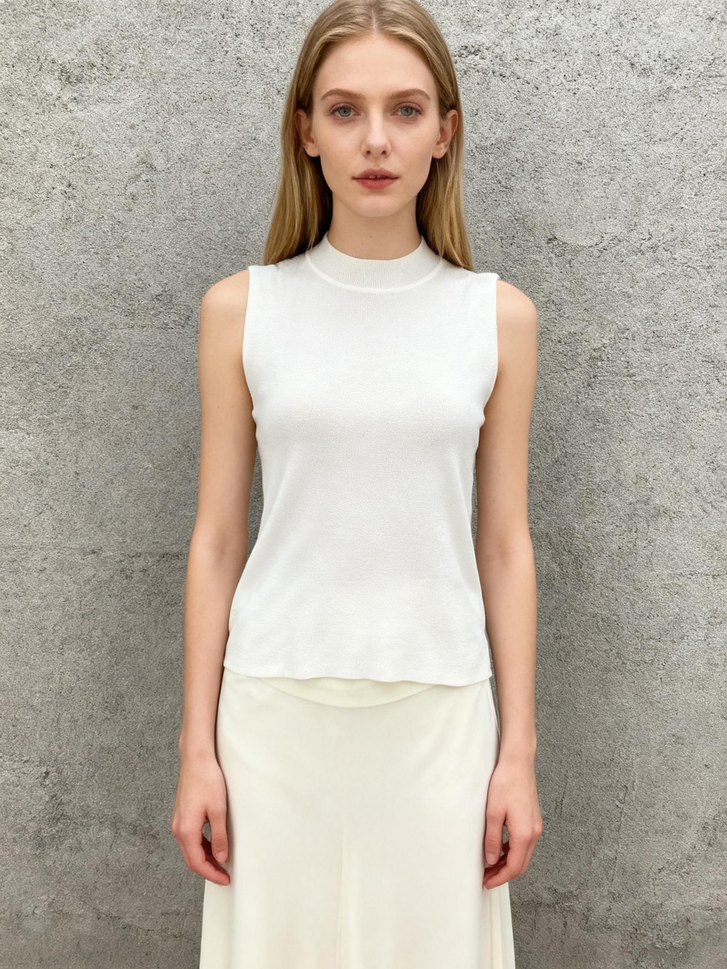Ivory Fine Rib Knit Sleeveless Mock Neck Shell Top Size S